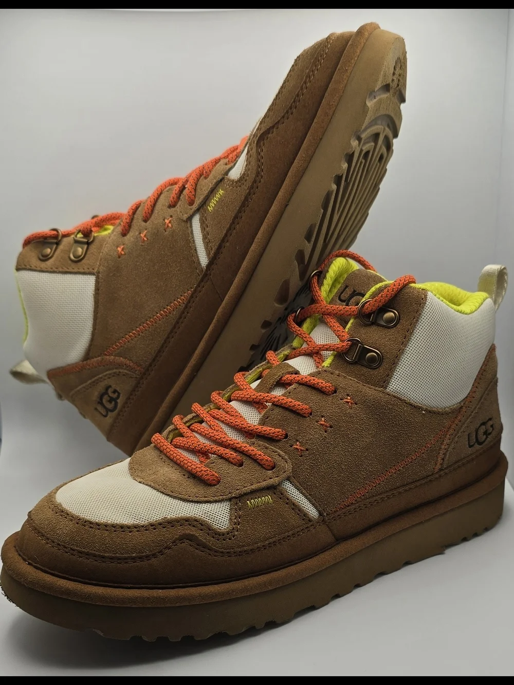 UGG Brown and Cream High-Top Suede Hiking-Style Boots with Orange Laces